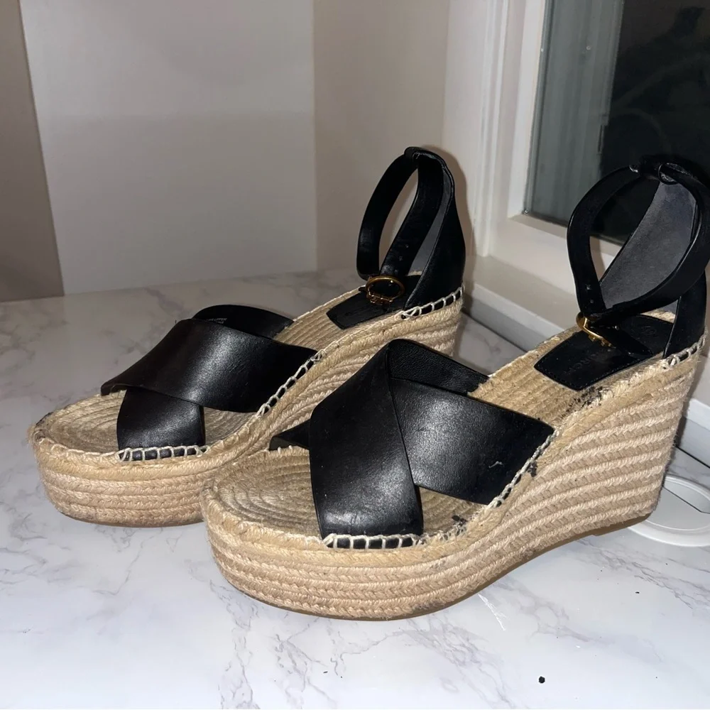 Tory Burch Women Espadrilles Black Leather High Heel Sandals size 8.5​​